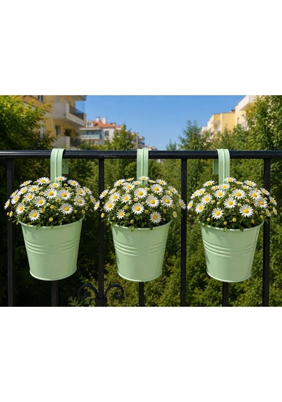 Askılı Balkon Saksı Seti, 3 Adet, Metal, Açık Yeşil 1,5lt 001