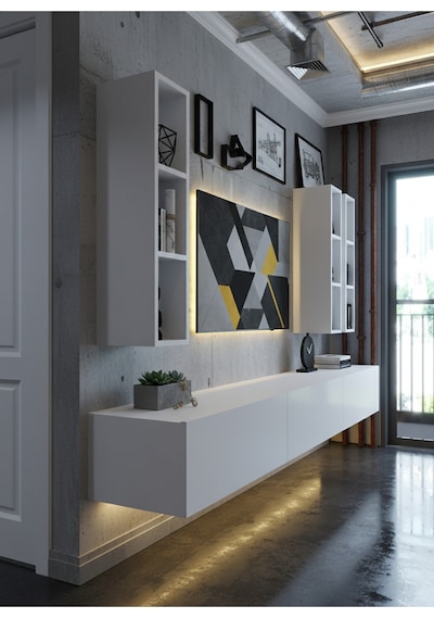 Resital Ledli Duvara Monte Tv Sehpası - Beyaz - W6006-1 Beyaz