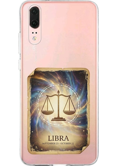 Huawei P20 İle Uyumlu Burç Kartları Terazi Tasarımlı Şeffaf Silikon Kılıf Şeffaf