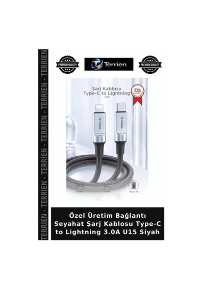 Özel Üretim Bağlantı Seyahat Şarj Kablosu Type-c To Lightning 3.0a U15 Siyah