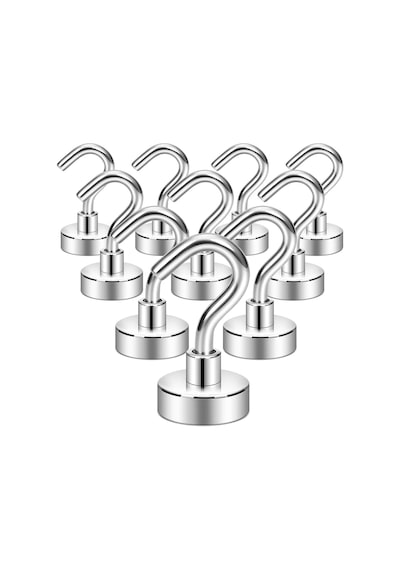 Valkyrie 10 Adet Neodyum Mıknatıs Askı Seti 14kg Taşıma Kanca Mutfak Buzdolabı Banyo Kapı Dolap Balkon Tekne Gümüş