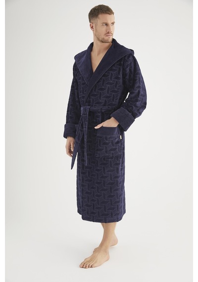 Jakarlı %100 Cotton Erkek Bornozu Lacivert