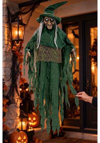 Halloween Cadılar Bayramı Sensörlü Sesli Işıklı Asılabilir Büyük Yeşil Cadı Korku Süsü 150 Cm Diğer