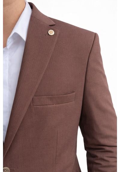 Plus Scorpion Erkek Slim Fit Çift Düğme Çift Yırtmaçlı Blazer Ceket Premium Dokulu Kumaş Kahverengi