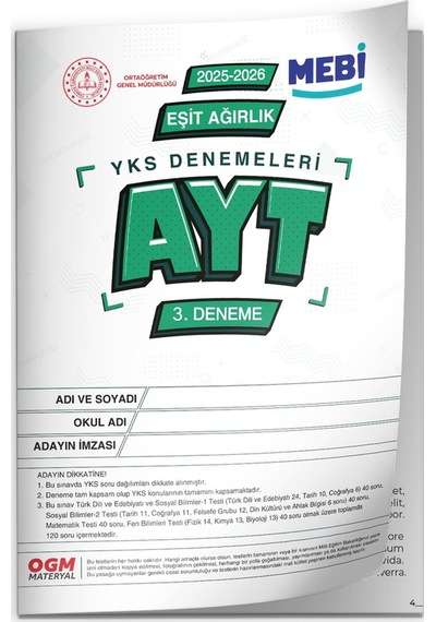 2026 Ösym Yks-ayt Eşit Ağırlık Mebi Online Türkiye Geneli 3. Deneme Büyük Boy Renkli Baskı Ücreti
