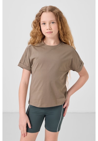 Koyu Bej Pamuklu O Yaka Oversize Fit Basic Kız Çocuk T-shirt - 75182 Koyu Bej