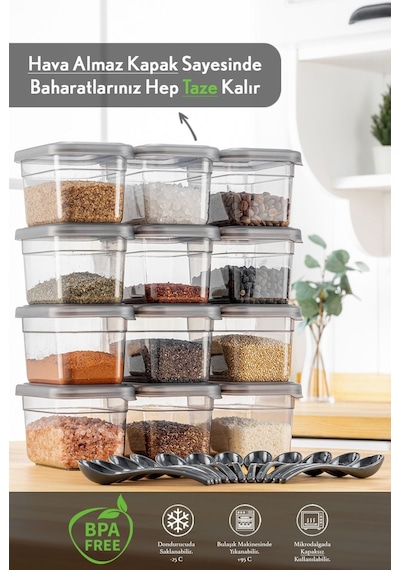 12'li Sızdırmaz Kapaklı Kaşıklı Baharatlık Seti - Etiketli Baharat Saklama Kabı - 12 X 580 Ml Gri