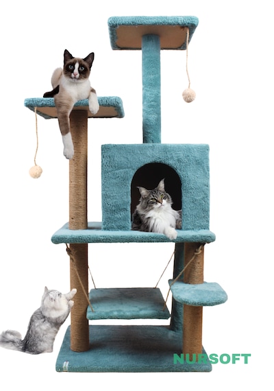 Nursoft Violet Salıncaklı Yuvalı Lüx Kedi Tırmalama Oyun Evi - Nursoft Y-01
