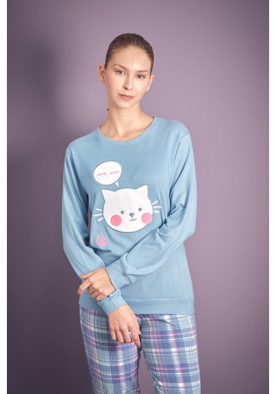 Fullamoda Kedi Nakışlı Bisiklet Yaka 2 Li Pijama Takımı 24mıcg631125732-mavi Mavi