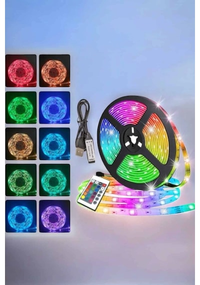 Yeni Nesil Rgb Işıklı 10metre Şerit Led Kumandalı Şarj Edilebilir Açık Mavi