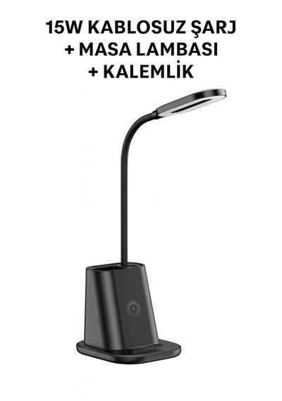 Güvenli Şarj Ve Modern Tasarım 3 Ü 1 Arada Kablosuz Şarjlı Masa Lambası Kalemlik Siyah