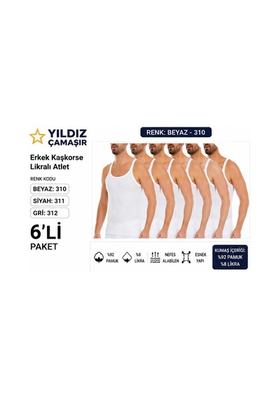 Yıldız Çamaşır Erkek Kaşkorse Likralı İnce Askılı Atlet 310-311-312 - 6 Adet Beyaz