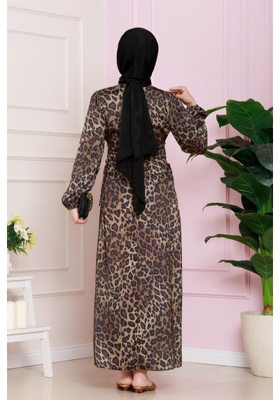 Yanı Bağcıklı Leopar Desenli Tesettür Abiye-kahverengi-4682