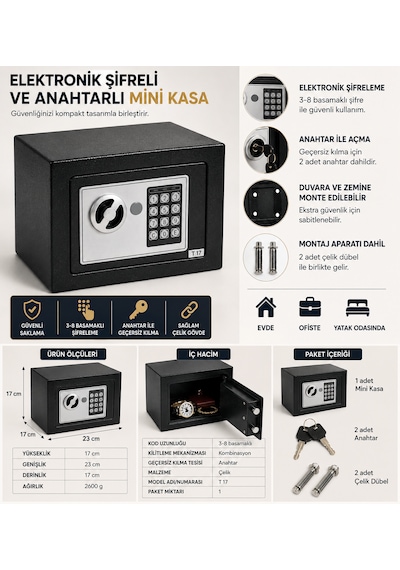 Elektronik Şifreli Anahtarlı Mini Kasa T17 Çelik Kasa 23x17x17 Cm 2 Anahtar + 2 Çelik Dübel
