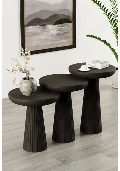 Wooden Siyah Ahşap 3 Lü Set Fitilli Mantar Yan Sehpa Modern Siyah Renk Fiskos Siyah