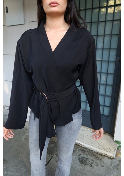 Kechi Woman Krep Kumaş Kruvaze Kemerli Kimono Bluz Siyah