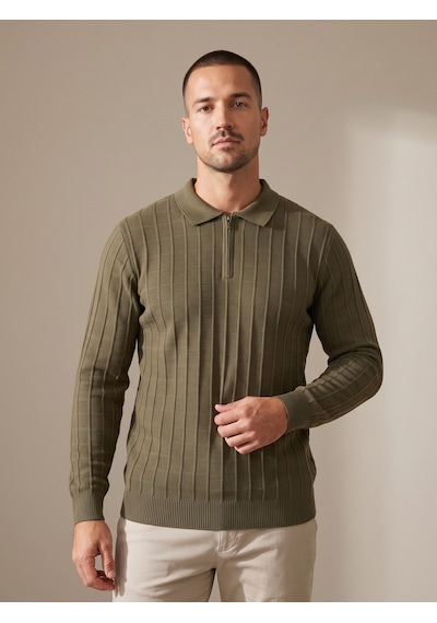 Maccali Erkek Haki Fitil Detaylı Fermuarlı Polo Yaka Triko Sweatshirt