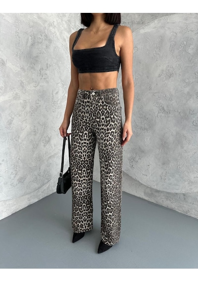 Zeo Basic Wide-leg Pantolon Leopar Desnli Bej Bej