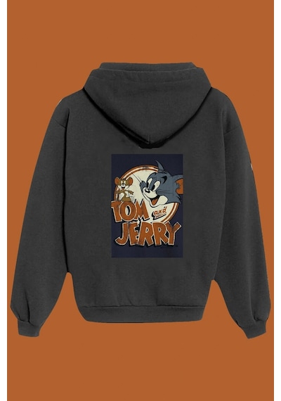 Startmore Unisex Beyaz Tom And Jerry Sırt Baskılı Sweatshirt Siyah