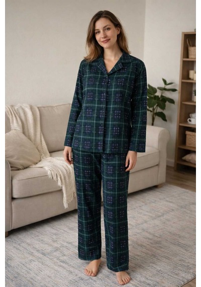 Tenra Kadın Pijama Takımı Boydan Düğmeli Haki
