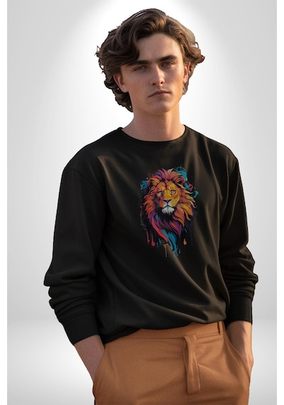 Renkli Yağlı Boya Aslan Unisex Siyah Baskılı Sweatshirt Siyah