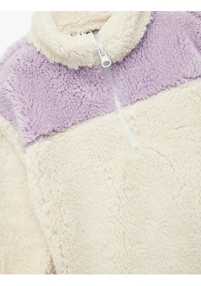 Koton Uzun Kollu Yarım Fermuarlı Dik Yaka Peluş Sweatshirt Ekru 6wmg10009ak Ekru