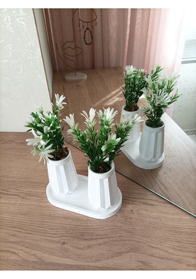 Mini Düz Desenli Beton Saksı İkili Ve Oval Tabak-yapay Çiçek Hediyeli - Beyaz