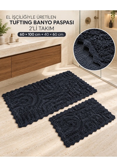Alanur Bodrum Tufting Cotton Pamuklu El Işi Örgülü 2 Li Paspas 113 Siyah