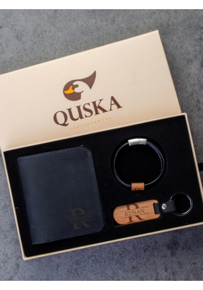 Quska Kişiye Özel İsimli El Yapımı Hakiki Deri Siyah Cüzdan+anahtarlık+bileklik Hediyelik Set - Grain Fold Siyah