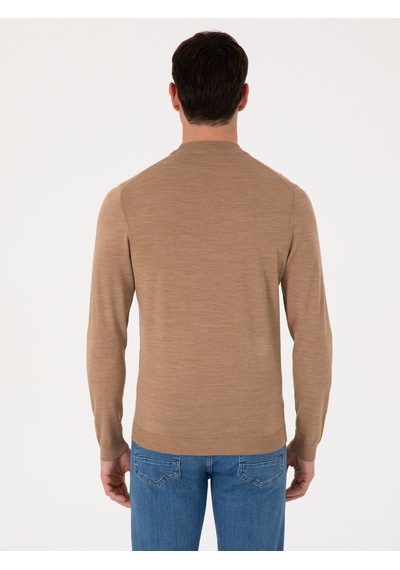 Cacharel Camel Slim Fit Yün Karışımlı Çeyrek Balıkçı Yaka Basic Triko Kazak Kahverengi