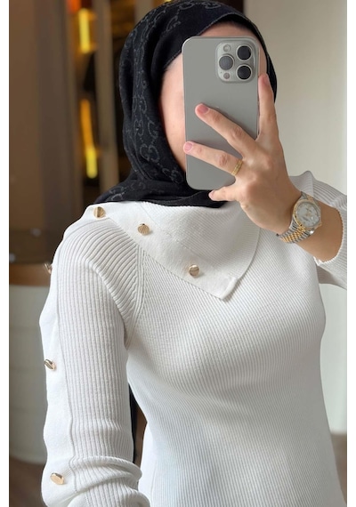 Kahijab Asimetrik Yaka Truvakar Kol Triko Bluz - Beyaz