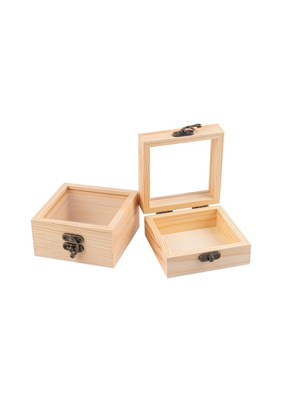 Tr 2 Paket Küçük Ahşap Kutu Menteşeli Kapaklı Bitmemiş Ahşap Takı Kutusu 3.5x3.5x1.8 İnç Boş Ahşap Hediye Ku
