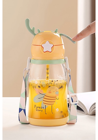 Geyik Figürlü Pipetli Taşıma Askılı Çocuk Matarası 500 Ml Sevimli Karışık
