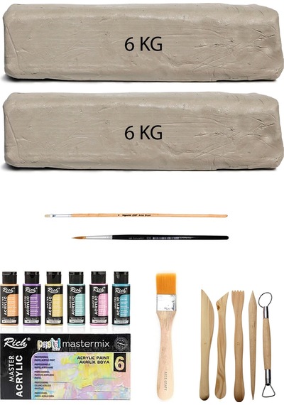 Beyaz Seramik Hamuru 12 Kg Master Mix Akrilik Set Pastel 6lı 60cc Ebeşuar Seti Kil Çamur Seti