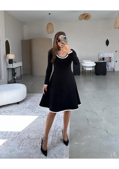 Efnaz Style Kadın Uzun Kollu Yuvarlak Yaka Midi Viskon Iki Iplik Elbise Siyah