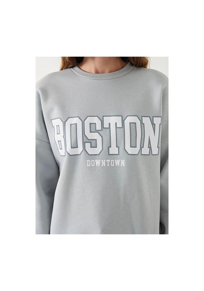 LC Waikiki Lcw Vision Gri Boston Baskılı Oversize Kadın Kalın Sweatshirt