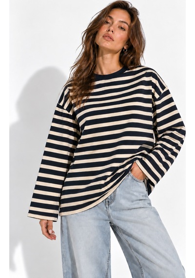 Wild Bee Kadın Lacivert Ekru Çizgili Pamuklu Bisiklet Yaka Oversize Bluz