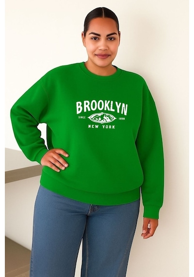 Benroma 3 İplik Penye Brooklyn Baskılı Büyük Beden Unisex Sweatshırt Yeşil