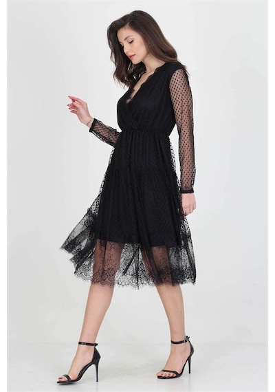 Neşeli Butik Neseli Butik Kruvaze Yaka Eteği Güpür Detaylı Yeni Sezon Elbise Nb0010 Siyah