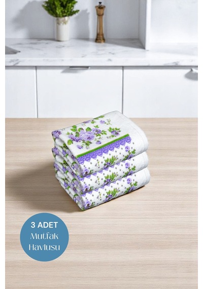 3lü Paket Baskılı Beyaz Mutfak Havlusu Modeli Lila Güller