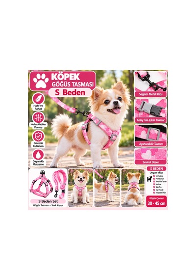 Senye Köpek Göğüs Tasması Seti Pembe Kalpli S Beden Göğüs 30-45 Cm Çok Renkli
