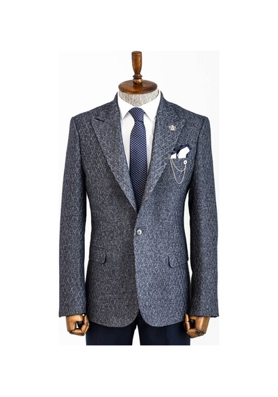 Wessi Kendinden Desenli Slim Fit Yün Erkek Lacivert Ceket Taba