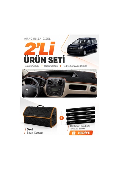 E-biz Dacia Dokker 2012-2020 Uyumlu Torpido Örtüsü + Deri Bagaj Çantası - Siyah-kahverengi - Da010