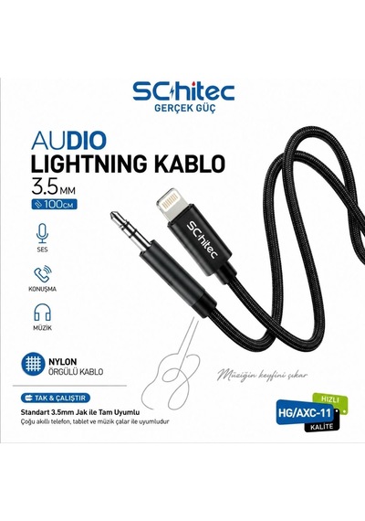 Schitec Lightning To 3.5mm Aux Dönüştürücü Kablo 1metre Siyah Hg/axl-11