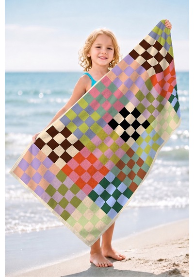 Damalı Geometrik Retro Plaj Havlusu - Renkli Modern Patchwork Hızlı Kuruyan Mikrofiber Havlu Eski Akasya