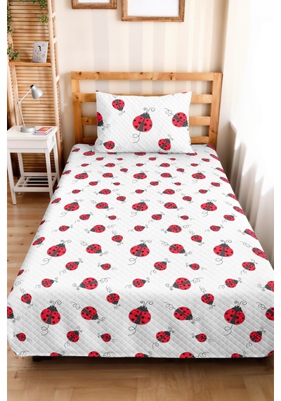 Uğur Böceği Kırmızı Genç Odası Tek Kişilik Pike Takımı-sevimli Siyah 160x220cm Kapitone Yatak Örtüsü Bej