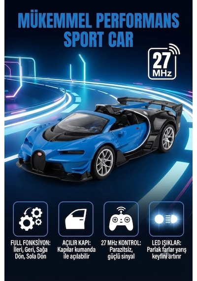 Bugatti Tasarımlı 1:14 Ölçekli Şarj Edilebilir 27 Mhz Uzaktan Kumandalı 28 Cm Spor Araba Mavi