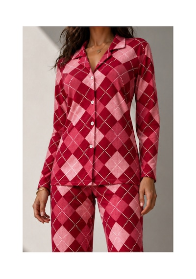 Fit Women Kadın Uzun Kol Pamuklu Kırmızı Pijama Takımı