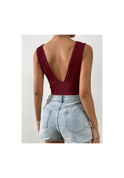 Meren Like Your Syle Bordo Derin Yaka Kısa Üst Crop Bordo