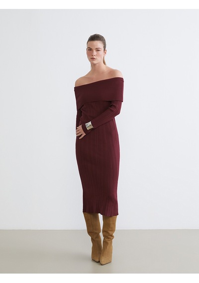 Lcw Comfort Kırmızı Kayık Yaka Triko Elbise